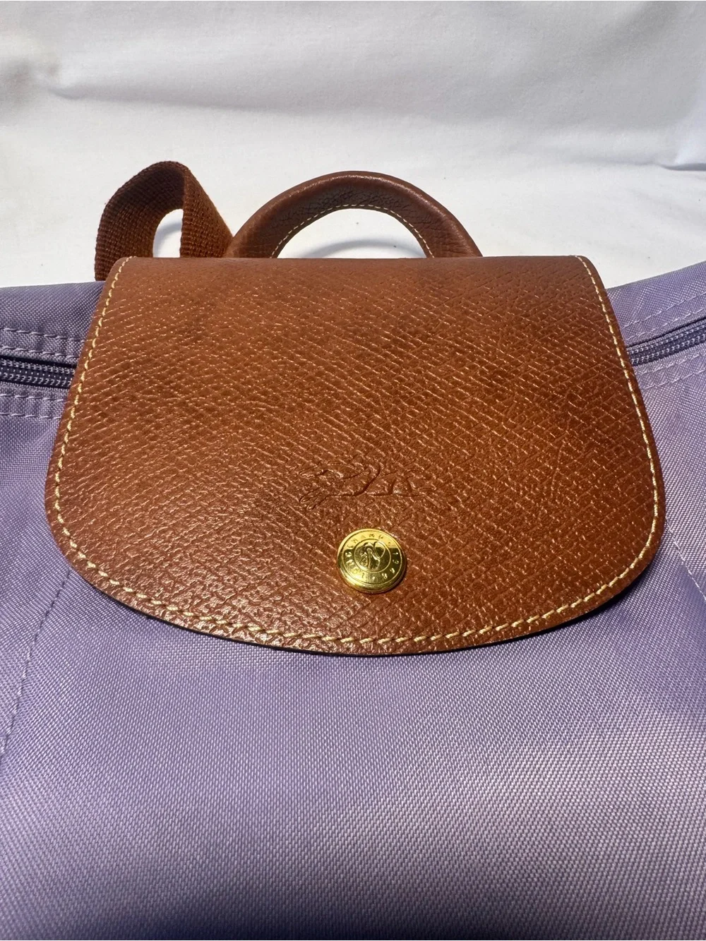Longchamp Lavender Nylon Backpack with Brown Trim